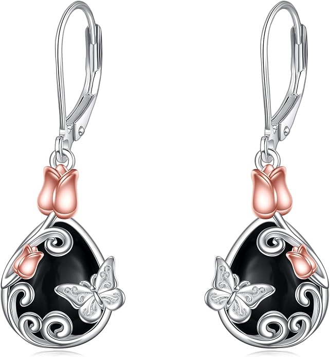 AOBOCO Butterfly/Dragonfly/Bee/Ladybug Leverback Earrings 925 Sterling Silver Rose Lotus Tulip Flower Filigree Dangle Earrings Teardrop Moonstone Larimar Turquoise Abalone Shell Jewelry Birthday Gifts for Women