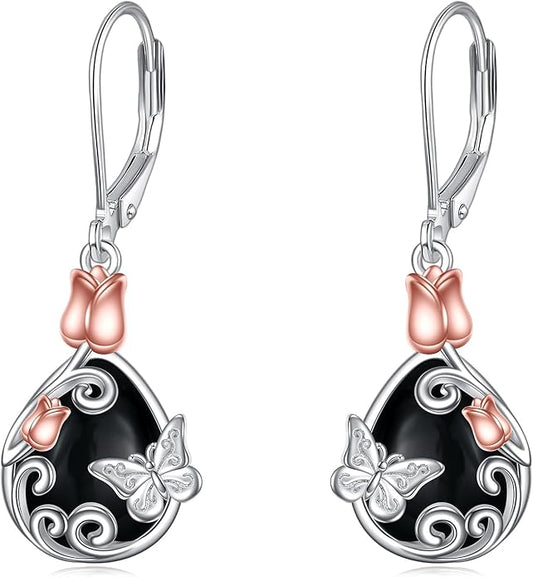 AOBOCO Butterfly/Dragonfly/Bee/Ladybug Leverback Earrings 925 Sterling Silver Rose Lotus Tulip Flower Filigree Dangle Earrings Teardrop Moonstone Larimar Turquoise Abalone Shell Jewelry Birthday Gifts for Women