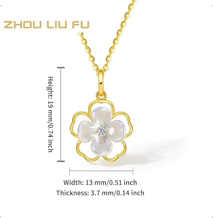 ZHOU LIU FU 18K Gold Hollow Floral Pendant with Mother of Pearl and Diamond Accents Delicate Jewelry Wedding for Bridge (Not Include Necklace) J0411914
