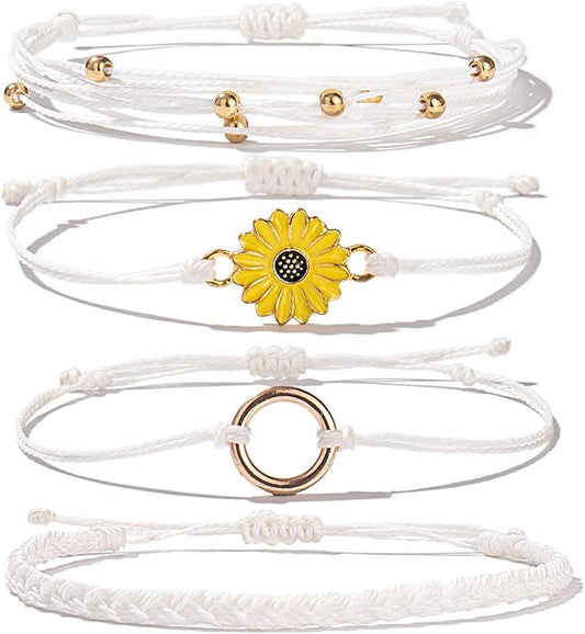 FANCY SHINY Sunflower String Bracelet Boho Braided Rope Wrap Bracelets Cute Summer Beach Surfer Jewelry for Women