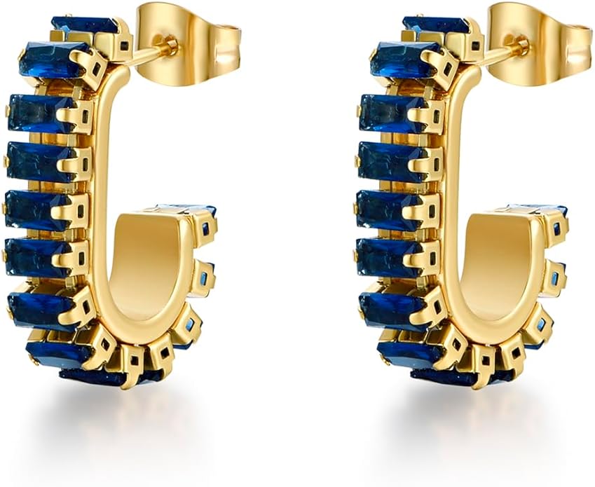 Green Crystal huggie gold hoop earrings for women Girls,14K Gold Plated with 925 Sterling Silver Post color Cubic Zirconia dainty cute Earrings| CZ Stud Earring