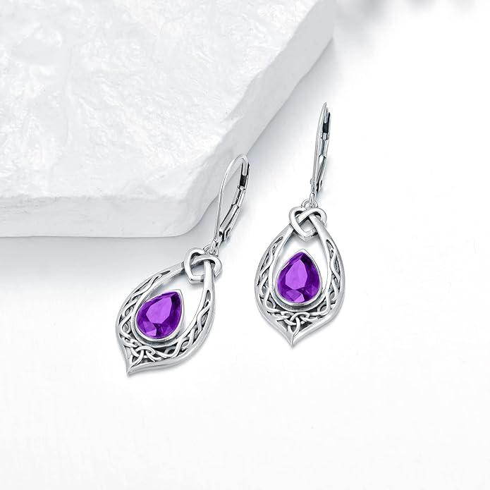 Celtic Knot Dangle Earrings 925 Sterling Silver Oxidized Vintage Drop Leverback Earrings with 8 * 6mm Simulated Birthstone Crystal Christmas Jewelry Gifts for Women (Gift Box)