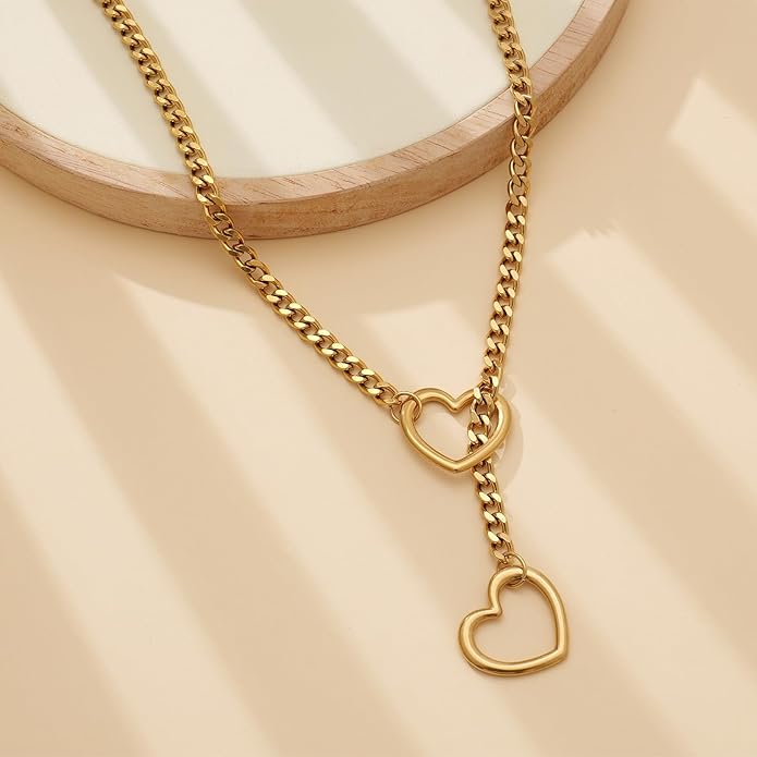 Heart Slip Chain Necklaces for Women,Stainless Steel O-Ring Adjustable Lariat Y-Necklace,Punk Gothic Cuban Collar Choker Necklace for women