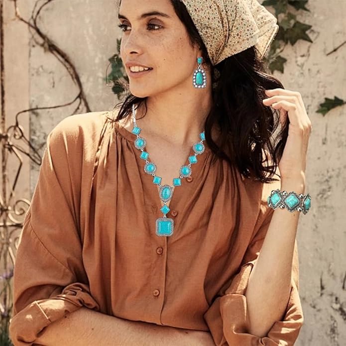 Bohemian Turquoise Necklace Set - Women's Western Jewelry with Long Choker, Pendant, Dangle Earrings, Layered Bracelets