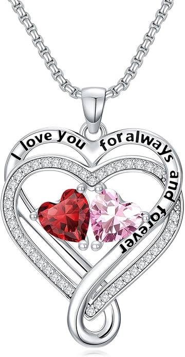 I Love You for Awlays and Forever Double Heart Necklace with Birthstone, 2 Birth Stone Jewelry Anniversary Valentines Mothers Day Christmas Birthday Gifts for Women Her Wife Girlfriend Mom Mother