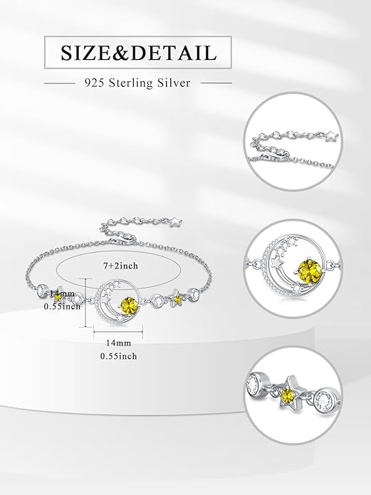 Moon and Star Birthstone Charm Link Bracelet 925 Sterling Silver Moon and Star Bracelet with 12 Months Birthstone Birthday Jewelry Gifts for Women Mom Her,Chain Length 7"+2" Extend