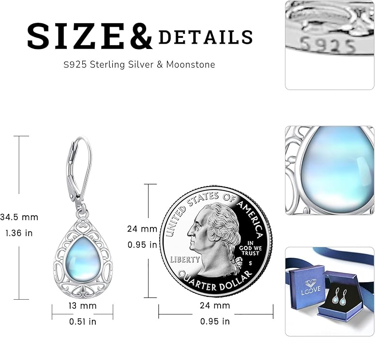Sterling Silver Tree of Life/Flower/Bee/Animals/Cat/Hummingbird Dangle Earrings Moonstone Turquoise Drop Leverback Earrings Jewelry Gifts
