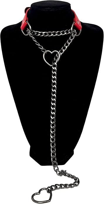 Black Leather Choker Collar For Women, Handmade Heart Slip Chain Choker Long Necklace with Adjustable Buckle