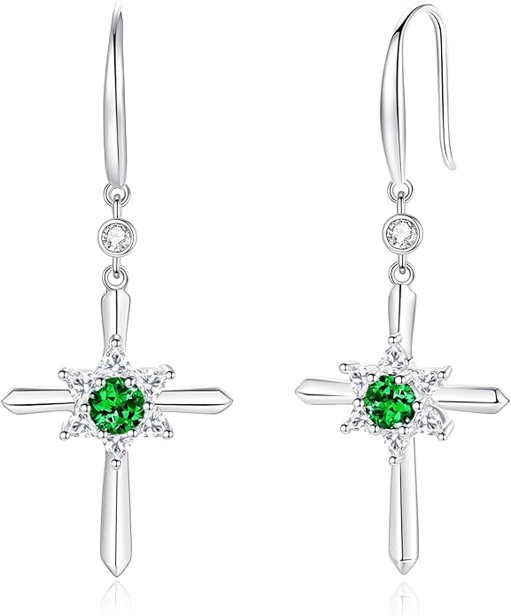 FANCIME Cross Dangle Drop Earrings 925 Sterling Silver Dainty Round Birthstone Earring Fine Jewelry Birthday Gifts for Her Women