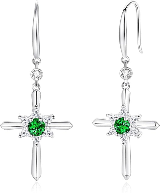 FANCIME Cross Dangle Drop Earrings 925 Sterling Silver Dainty Round Birthstone Earring Fine Jewelry Birthday Gifts for Her Women