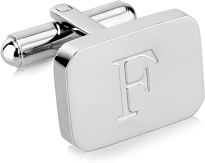 18K White-Gold Plated Initial Engraved Stainless Steel Men’s Cufflinks With Gift Box -Personalized Alphabet Letter’s A-Z By Lux & Pair