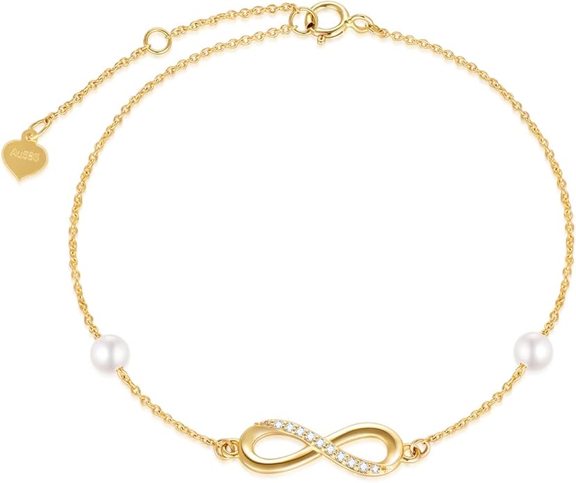 SISGEM 14k Gold Diamond Infinity Bracelet for Women, Real Gold Pearl Love Jewelry Gifts for Wife, Present for Her, 6.9"-8.3"