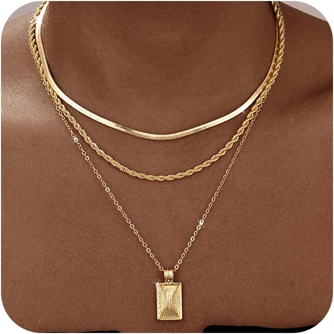 Gold/Silver Layered Necklaces for Women,Dainty 14k Gold Plated Stackable Choker Necklaces for Women,Trendy Layering Coin Chain Pendant Jewelry Set Gifts