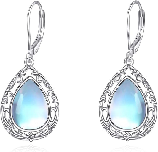 AOBOCO Butterfly/Dragonfly/Bee/Ladybug Leverback Earrings 925 Sterling Silver Rose Lotus Tulip Flower Filigree Dangle Earrings Teardrop Moonstone Larimar Turquoise Abalone Shell Jewelry Birthday Gifts for Women