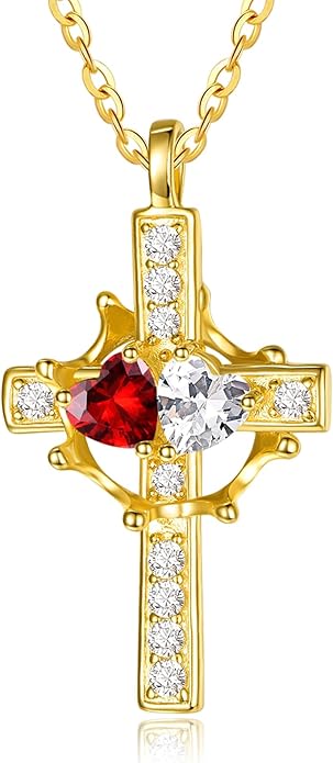 Zeuslia Double Birthstone Necklace Gifts for Wife - 925 Sterling Silver Sunflower/Rose/Crown Cross/Compass/Heart Pendant I Love You Necklace, Anniversary Birthday Gifts for Wife Girlfriend Mom Her