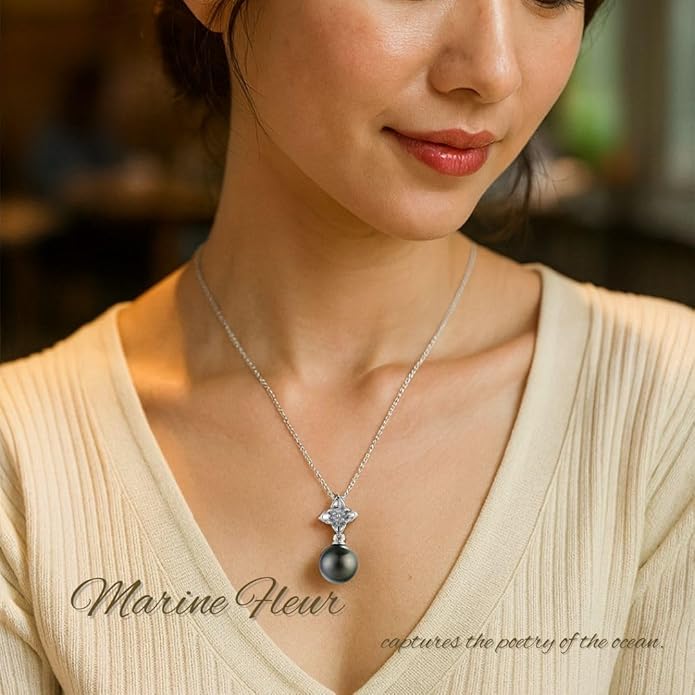 Lunar Belle Tahitian Black Jewelry Pearl Pendant Necklace in Sterling Silver, Luxury Wedding Christmas Gift for Women Mother Wife (Marine Fleur)