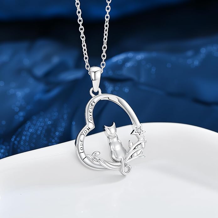 Cat Gifts for Women 925 Sterling Silver Heart Moon Cat Necklace Pendant Women Jewelry Halloween Christmas Gifts