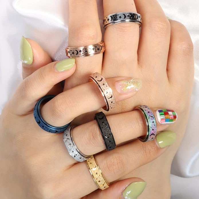 AmorArtSky Anxiety Ring for Women Men, Titanium Stainless Steel Spinner Ring, 5 Colors, 6MM, Size 6-10, 3 Styles Anxiety Ring-Moon Star, Sandblasted Finished, Hollow Outer