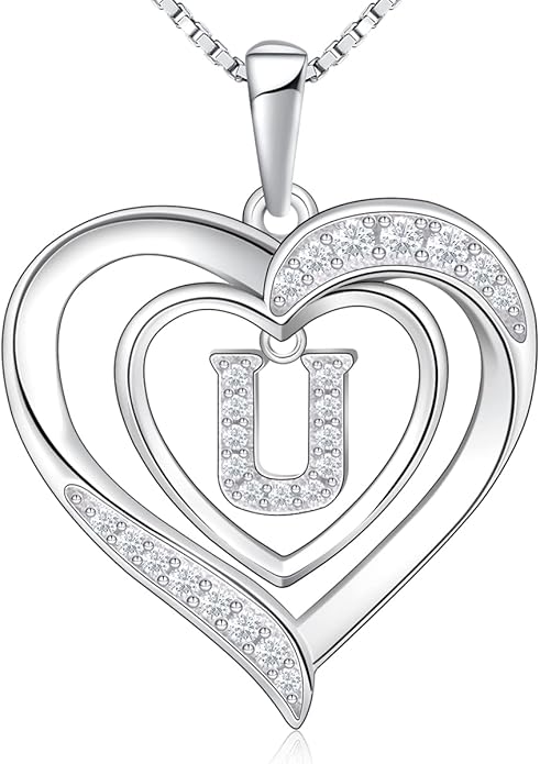 RIVIKO Heart Initial Necklace for Women, 925 Sterling Silver Letter Pendant,Personalized Charm Alphabet Jewelry Valentines Mother's Day Anniversary Christmas Birthday Gifts for Women Her Mom Wife