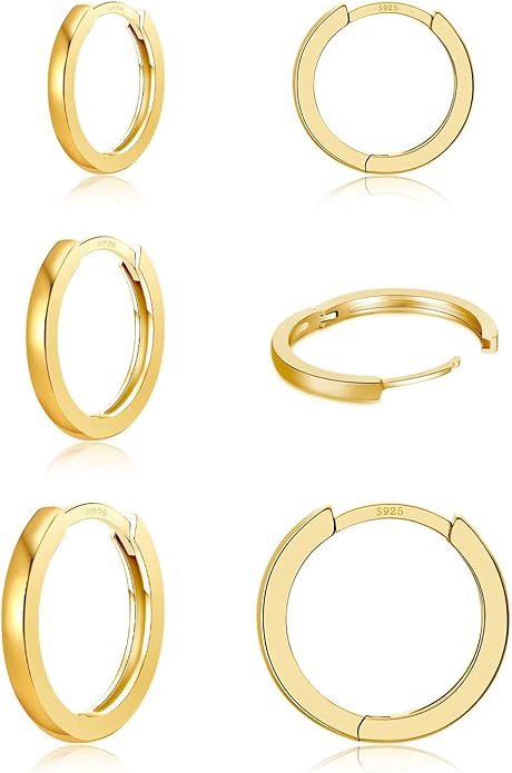 3 Pairs 925 Sterling Silver Hoop Earrings 14K White Gold Plated Small Silver Hoops Cartilage Huggie Earrings for Women Men