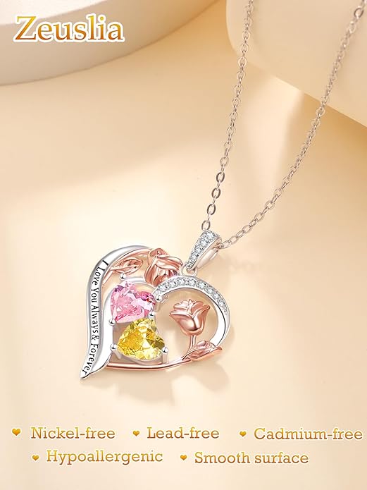 Zeuslia Double Birthstone Necklace Gifts for Wife - 925 Sterling Silver Sunflower/Rose/Crown Cross/Compass/Heart Pendant I Love You Necklace, Anniversary Birthday Gifts for Wife Girlfriend Mom Her