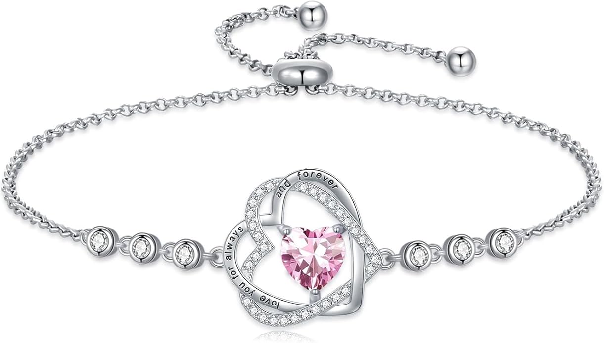 TOUPOP Heart Birthstone Bracelet 925 Sterling Silver Double Heart Bracelet Love You for Always and Forever Jewelry Anniversary Birthday Christmas Gifts for Women Wife Her