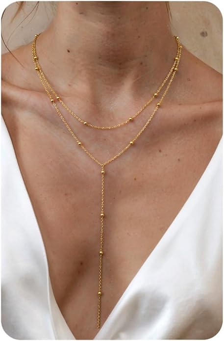 Magitaco Lariat Necklace for Women, 18K Gold Plated/Silver Color Dainty Long Necklaces for Women Layered Y-Necklace, Drop Beaded Sequined Chain for V-Neck, Elegant Wedding Guest Jewelry