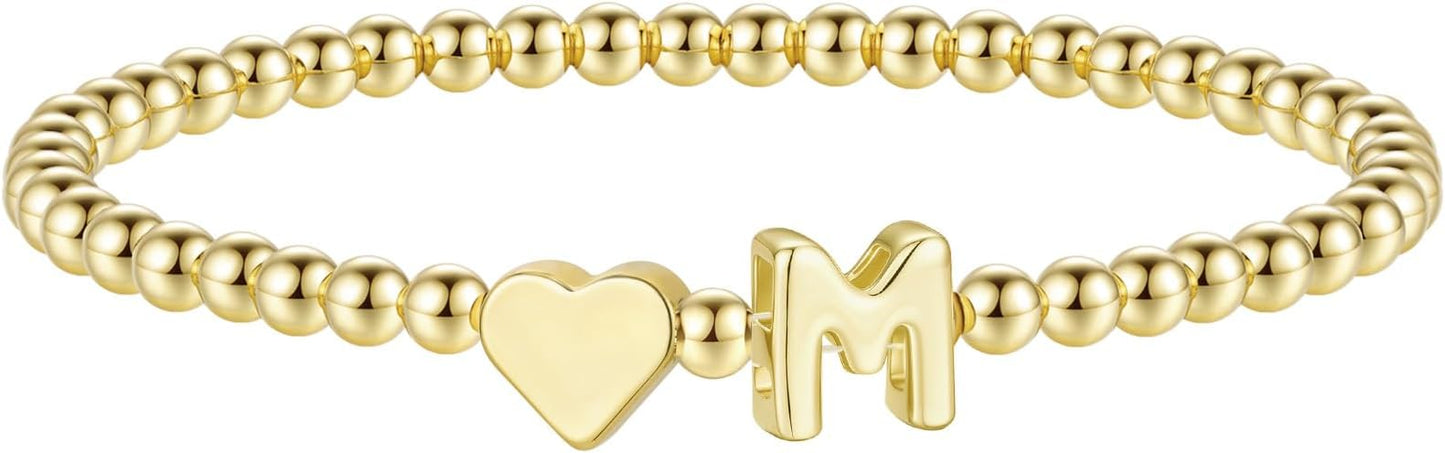 M MOOHAM Stocking Stuffers for Teen Girls Women - Dainty Gold Initial Beaded Bracelets for Women Trendy, Charm Letter A-Z Personalized Bracelet Jewelry Kids Christmas Gifts