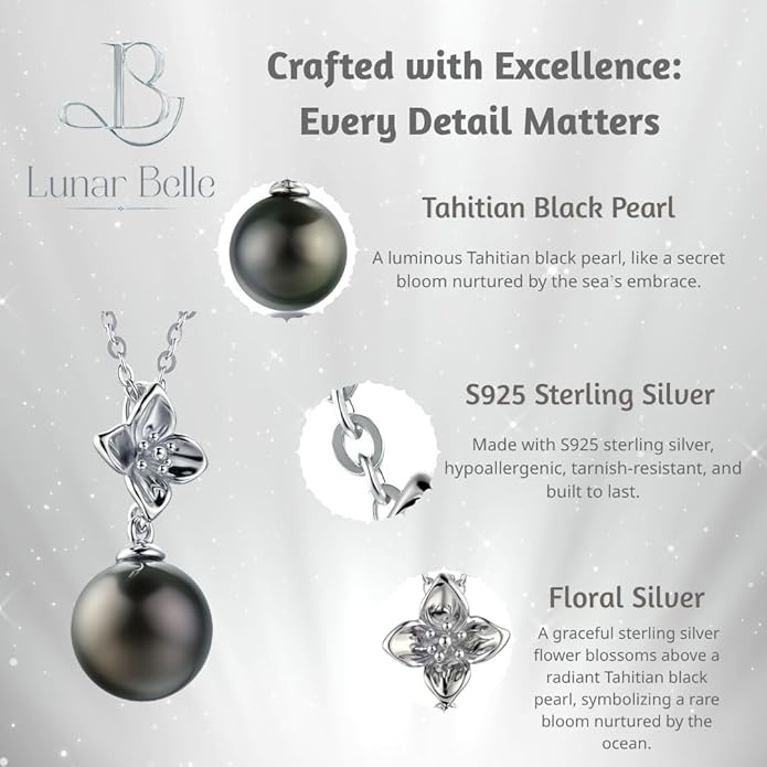 Lunar Belle Tahitian Black Jewelry Pearl Pendant Necklace in Sterling Silver, Luxury Wedding Christmas Gift for Women Mother Wife (Marine Fleur)