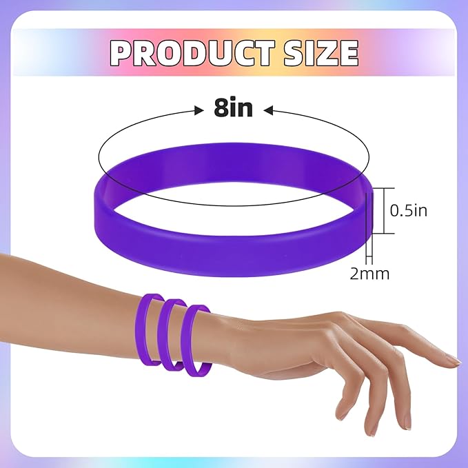 Rubber Silicone Bracelets 50 Count, Sports Elastic Rubber Bulk, Stretch Elastic Sport Unisex Wristbands For Decoration Gift-Purple