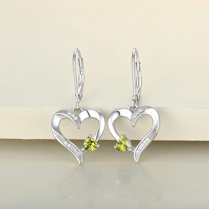 YL Heart Dangle Earrings 925 Sterling Silver Drop Earrings Birthstone Leverback Jewelry for Women