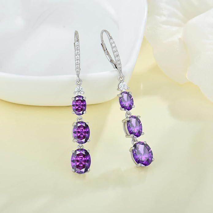 Women 925 Sterling Silver Birthstone 3-stone Leverback Drop Dangle Earrings 5A Cubic Zirconia Jewelry for Her