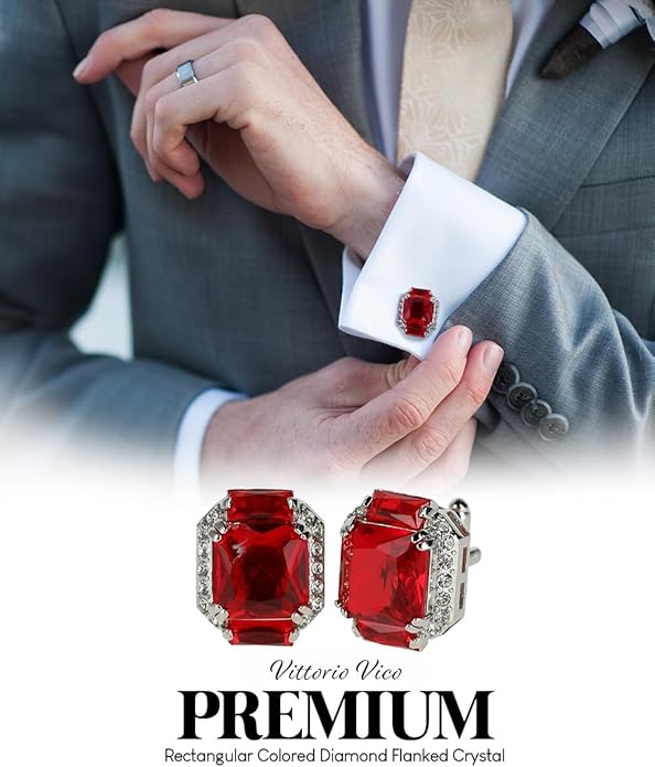 Rectangular Colored Diamond-Flanked Crystal Cuff Links – Tuxedo Suit Accessories, Cufflinks for Men