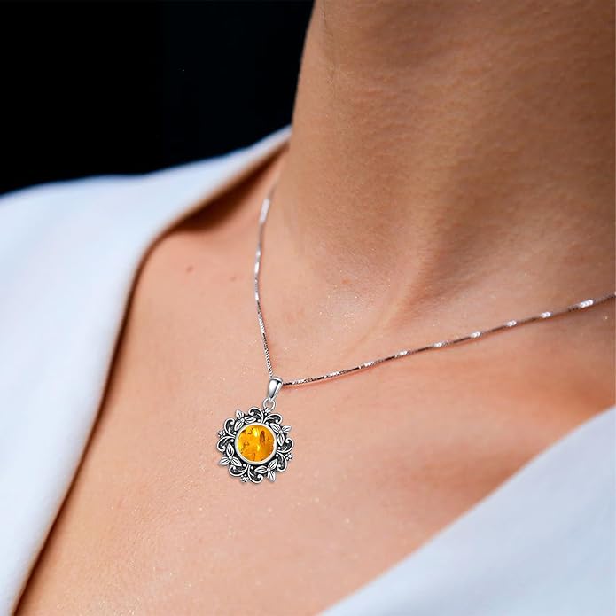 Amber Vintage Necklace Sterling Silver, Boho Jewelry for Women, Handmade Western Filigree Pendant, Unique Christmas Birthday Gift