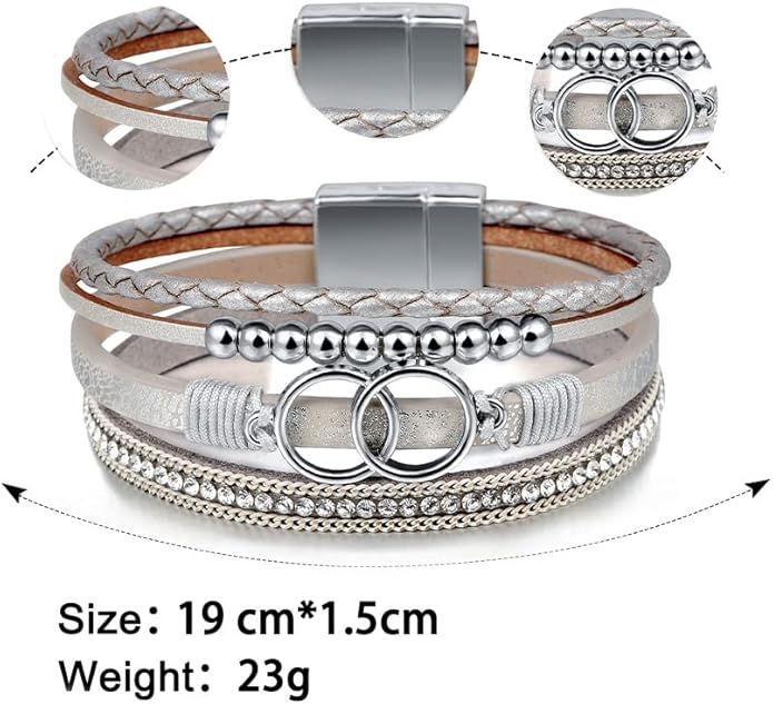 Fesciory Leopard Bracelet for Women, Boho Leather Wrap Multi-Layer Pearl Crystal Bracelet Bangle Jewelry