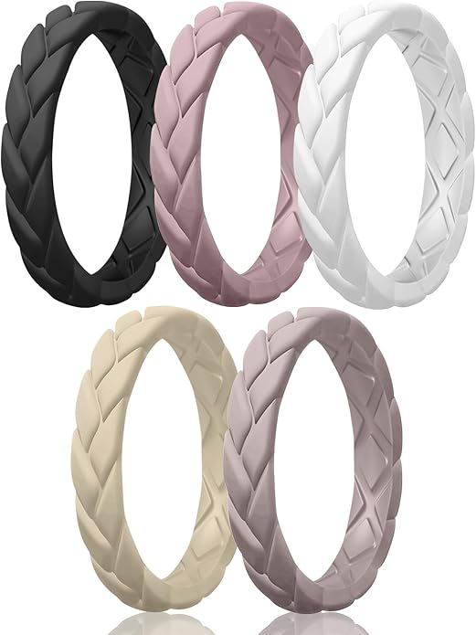 Egnaro Women's Silicone Stackable Rings 3.5mm Wide 2mm Thick, Rubber Flexible Hypoallergenic Wedding Bands For Workout Leaf Braided Fashion