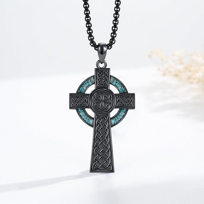 Midir&Etain Celtic Cross Necklace 925 Sterling Silver Cross Pendant Necklace Celtic Viking Irish Jewelry Religious Protective Gift for Men Women
