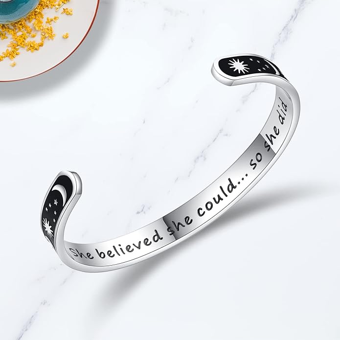 TONY & SANDY Inspirational Bracelets for Women Teen Girls Personalized Gifts for Daughter Granddaughter Mom Sister Friends Stainless Steel Engraved Cuff Birthday Easter Christmas
