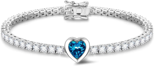 FANCIME 7mm Heart Birthstone Tennis Bracelet for Women Fine Jewelry Wedding Bridal Prom Birthday Gift for Women Her, Length 7 Inch