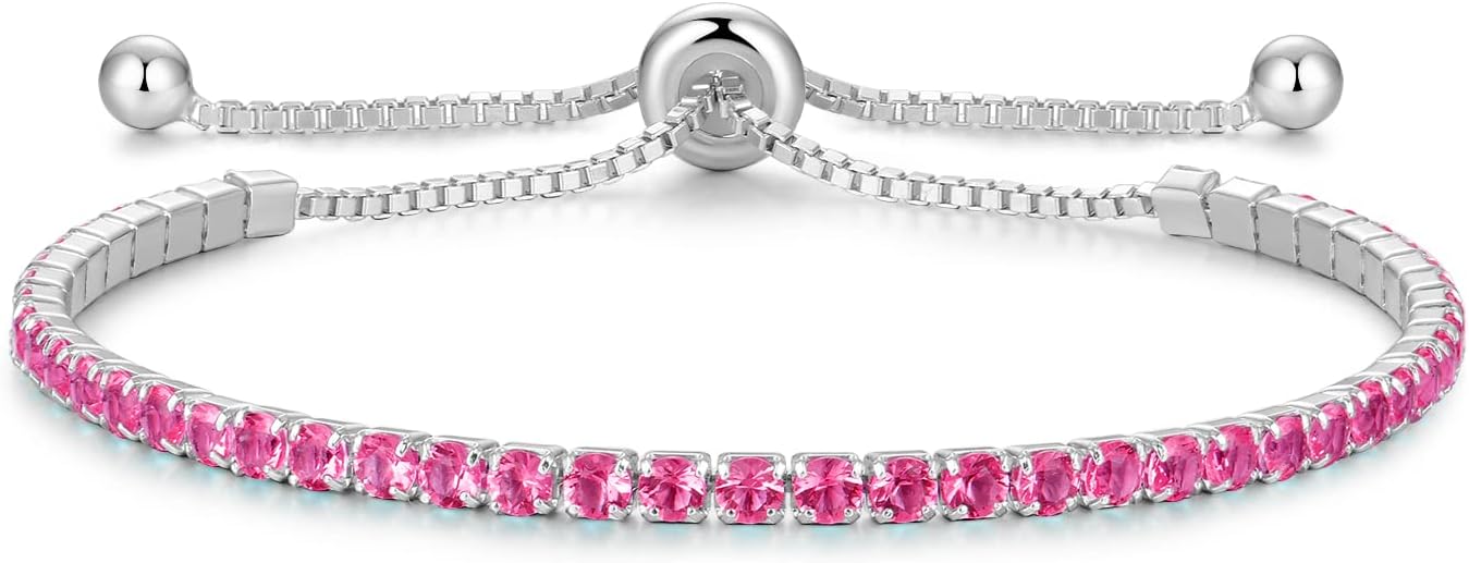 Sterling Silver Birthstone Tennis Bracelets for Women 2.5mm Tennis Bolo Bracelet Fashion Jewelry Birthday Gifts for Women Mom Wife | Adjustable Size 9"
