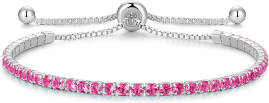 Sterling Silver Birthstone Tennis Bracelets for Women 2.5mm Tennis Bolo Bracelet Fashion Jewelry Birthday Gifts for Women Mom Wife | Adjustable Size 9"