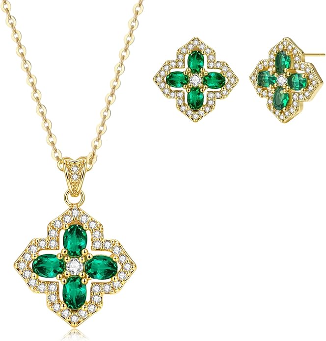 VONSSY Four Leaf Clover Necklace Earrings Shamrock Irish ST Patricks Jewelry Set Gift Green Emerald Zircon Crystal Stud 18k Gold Plated Chain Saint Pendant for Woman Wife Girlfriend