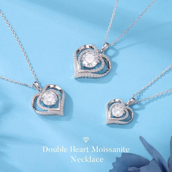 MOOSEA Valentines Day Gifts for Her - 925 Sterling Silver Double Heart Moissanite Pendant Necklace, 1-3 Carat D Color VVS1 Clarity Moissanite, Anniversary Birthday Gift for Women Mom Wife Girlfriend