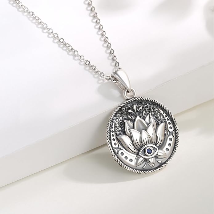 Evil Eye Necklace Sterling Silver Lotus Necklaces Evil Eye Pendant Spiritual Protection Amulet Jewelry Birthday Mother Gifts for Women Men