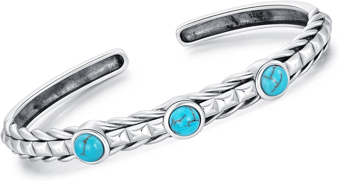 Genuine Turquoise Bracelet Bangle, Sterling Silver 3 Gemstone Native American Western Jewelry for Women, Fit for 6.5 7 7.5 Inches