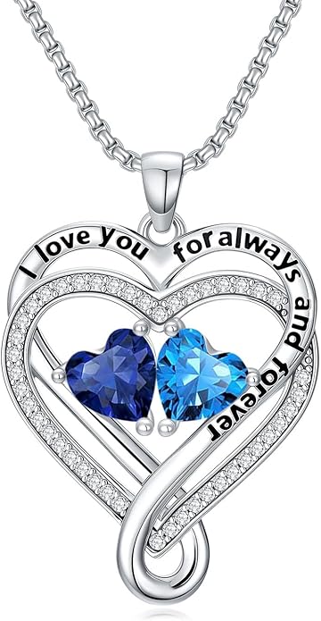 I Love You for Awlays and Forever Double Heart Necklace with Birthstone, 2 Birth Stone Jewelry Anniversary Valentines Mothers Day Christmas Birthday Gifts for Women Her Wife Girlfriend Mom Mother