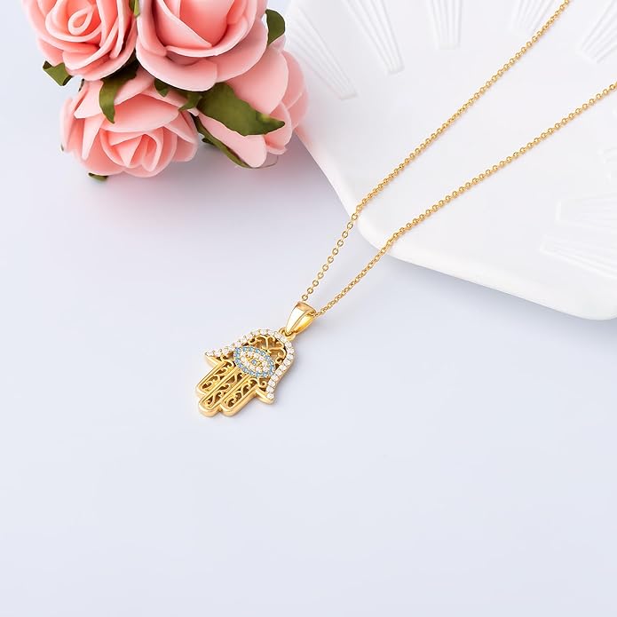 White Gold 14K Gold Plated Necklaces for Women Evil Eye Necklace for Women Girls Evil Eye Hamsa Hand of Fatima Pendant Necklace Good Luck Necklace Jewelry