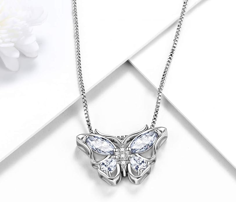 Aurora Tears Butterfly Birthstone Pendant Necklace - Women 925 Sterling Silver Butterflies Birthstone Pendant Necklace Jewelry Birthday Gift for Women