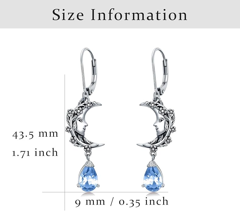 925 Sterling Silver Vintage Retro Oxidized Moon Crescent Dangle Drop Leverback Earrings with 12 Months Birthstone Jewelry Gifts for Women Her