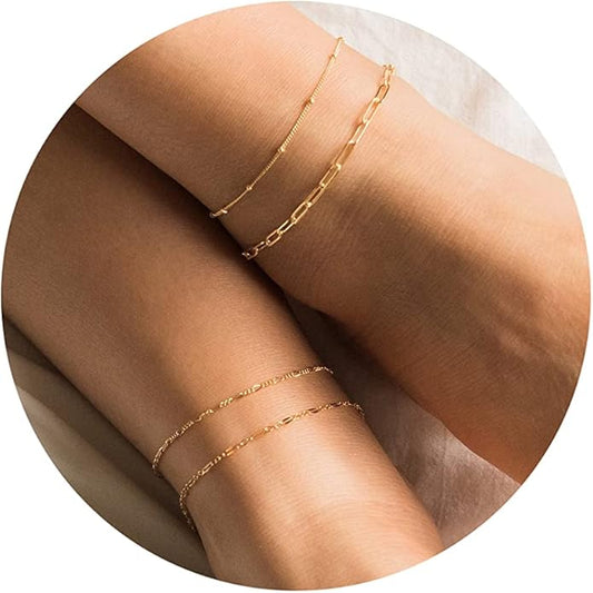 DEARMAY 14K Gold Plated Ankle Bracelets for Women Waterproof - Dainty 6Pcs Anklets Layered Cuban Link Chain Herringbone Cute Anklets Set Pack Summer Beach Jewelry Gift for Women Teen